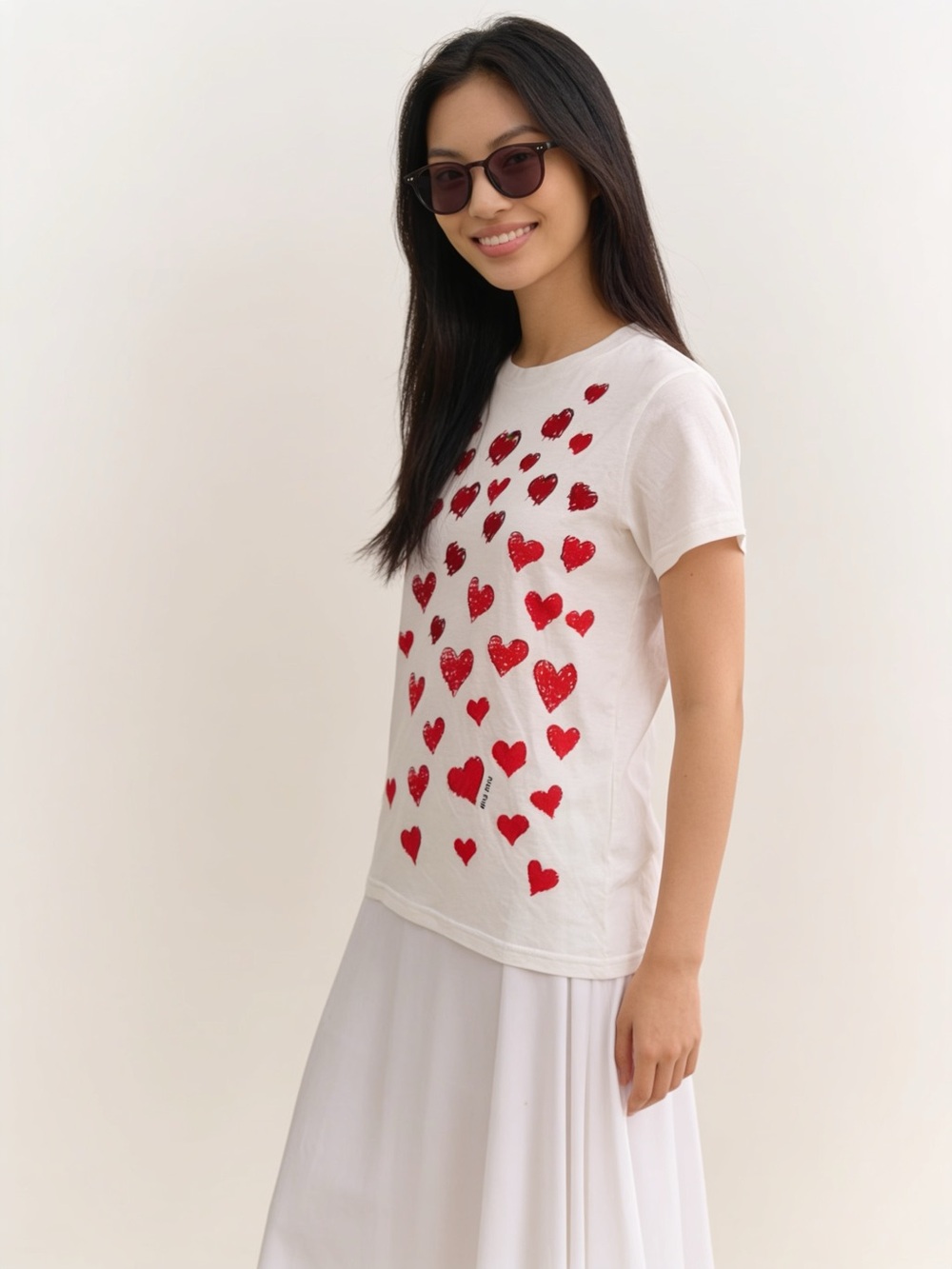 Miu Miu White Short-Sleeve Tee with Red Heart Print
